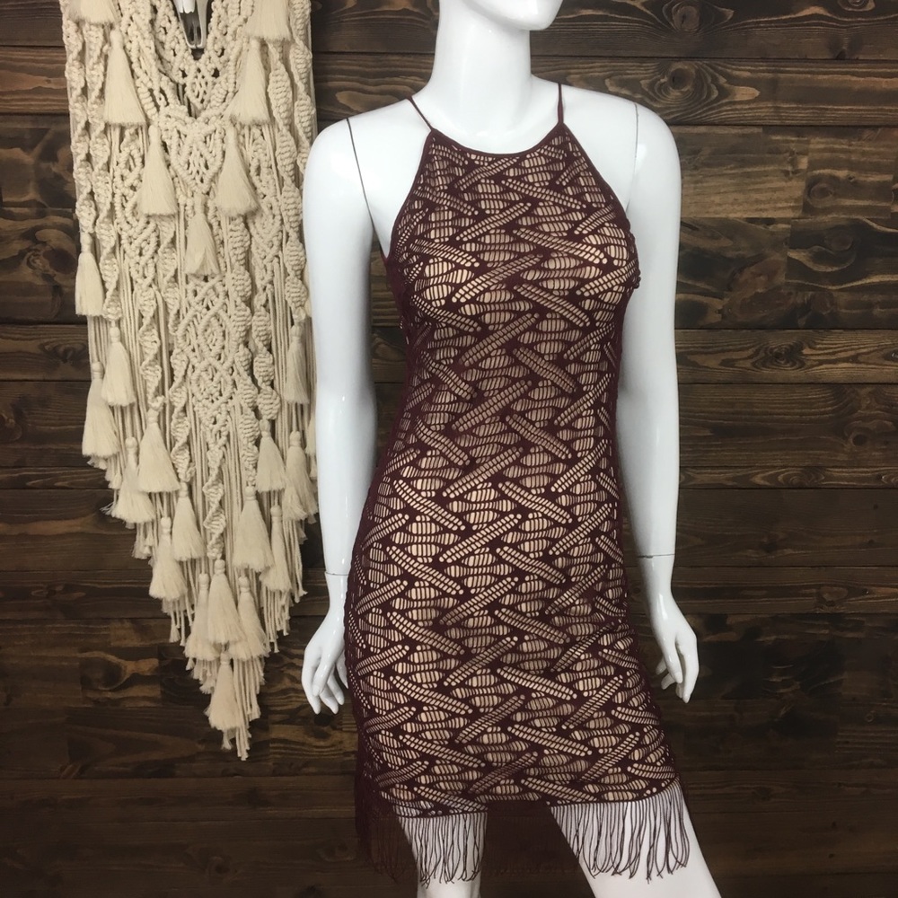 Honey and Rosie | Open Knit Nude Fringe Dress